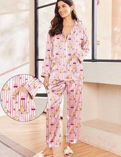 Image of Ekouaer Pajamas for Women Silk Satin Button Down Long Sleeve Pajama Sets