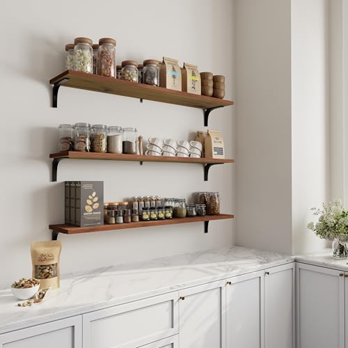 Image of Deep Floating Shelves, 12 Inch Extra Wide Solid Wood Wall Shelves, 48 Inch Long Heavy Duty Wall Mounted Bookshelf for Living Room, Kitchen and Bedroom, Set of 3 (Brown)