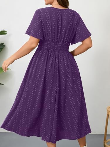 Image of RWJ Women's Plus Size Maxi Dress V Neck Short Sleeve Swiss Dot A Line High Waist Boho Swing Casual Summer Dresses