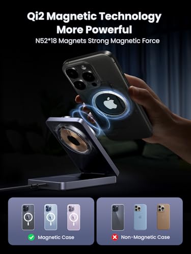 Image of UGREEN Qi2 15W MagFlow Wireless Charger, 2-in-1 MagSafe Fast Charging Station, Foldable Charger Stand for iPhone 17 /16 /15 /14 /13 /12 Series, AirPods 4 /3 /2 /Pro, with a 3.3FT USB C Charging Cable