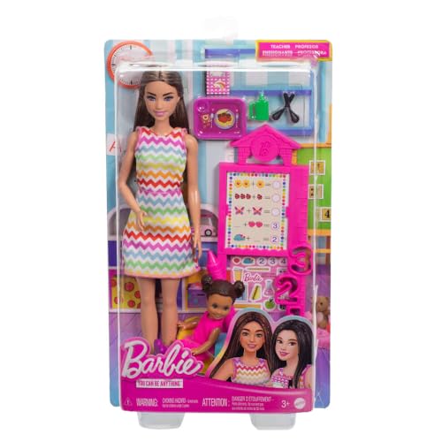 Barbie-Puppe Lehrerin mit brünetter Modepuppe mit gemustertem Kleid, 1 Kleinkind-Puppe und Unterrichtszubehör, JCR76 – Ansicht 6