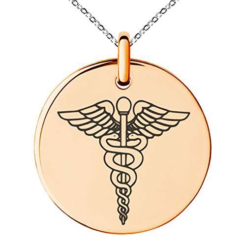 Stainless Steel Caduceus Staff of Hermes Symbol Small Medallion Circle Charm Pendant Necklace