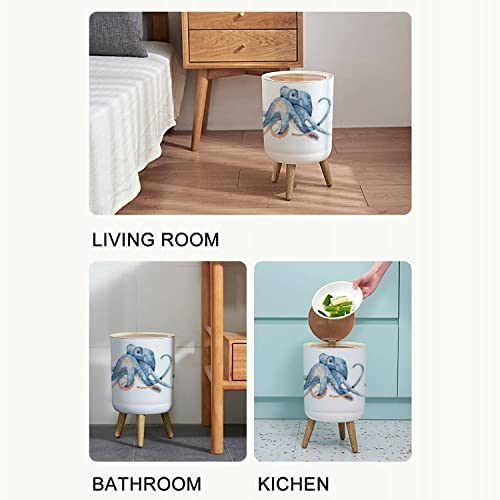 Image of Small Trash Can with Lid Watercolor Hand Drawn of Octopus in Blue Color Isolated on White Garbage Bin Wood Waste Bin Press Cover Round Wastebasket for Bathroom Bedroom Office Kitchen