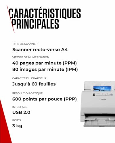 Canon imageFORMULA RS40 Scanner photo et document, recto verso, alimentation USB, pour maison et bureau, correction automatique des photos, correction des yeux rouges, logiciel CaptureOnTouch de Canon