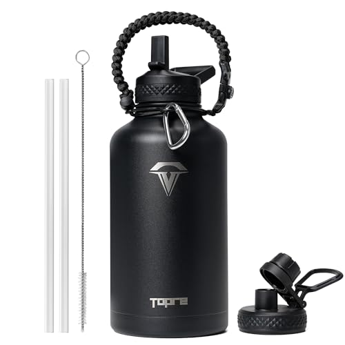 Half Gallon Water Bottle,64oz Insulated Water Bottle Stainless Steel Vacuum, Cold for 48 Hrs,BPA-Free & Leakproof -with Handle,Straw Spout Lids,Big Flask Jug for Gym Sports,Black without Pouch