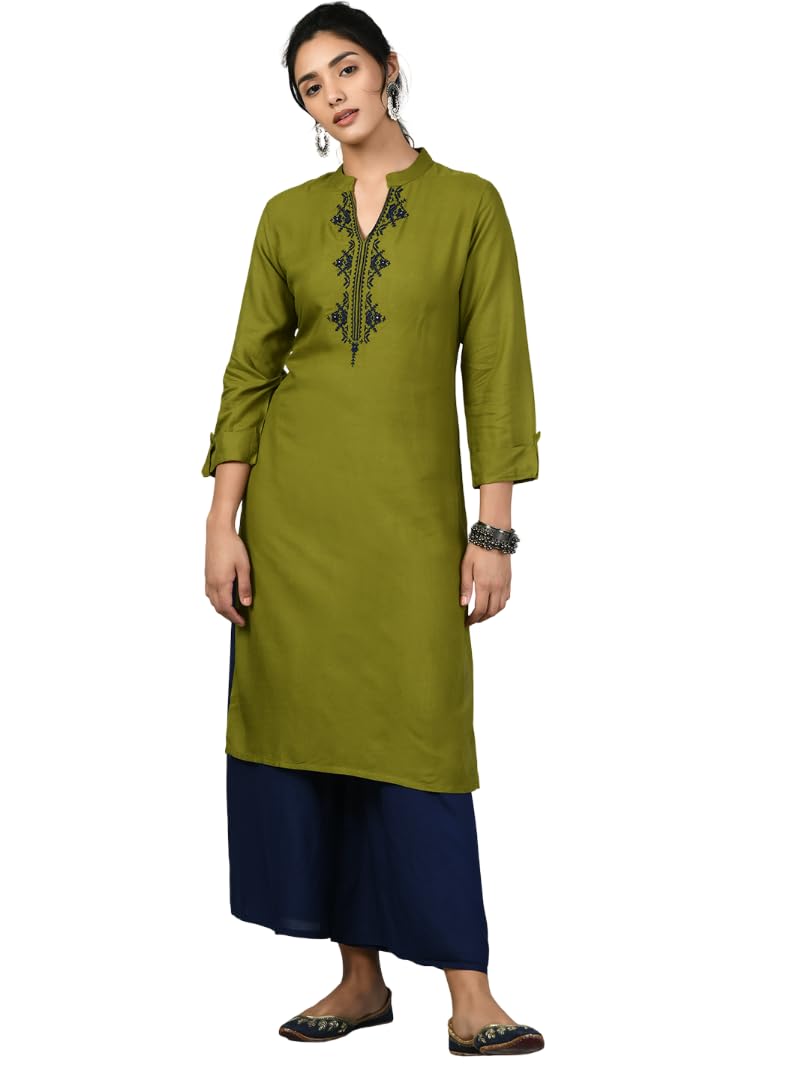 Anouk Women Rayon Kurta Palazzo Set | Straight Fit Ethnic Kurta with Palazzo Pants | Comfortable Casual & Office Wear Kurta Set in neutral