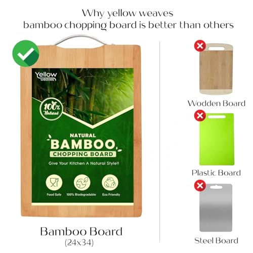 Image of Yellow Weaves Bamboo Wood Chopping Board Cutting Board with Metal Handle for Vegetables, Fruits, for Kitchen Use, Eco Friendly, BPA Free, Anti Microbial (20 x 30 CM, 1.8 CM Thickness)