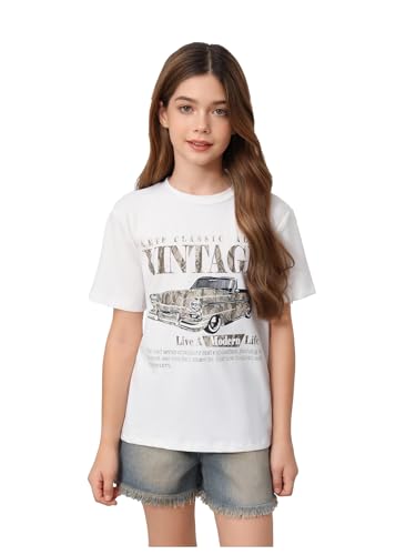 Image of RoseSeek Girl's Graphic Drop Shoulder Star Print Tee Tops Short Sleeve Crew Neck Summer Shirts