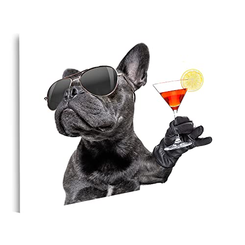 islandburner Tableau sur toile Chien buvant un cocktail cool bouledogue français Cadre Affiche Poster Murale Tableaux