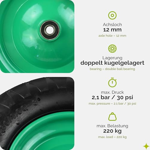 Garronda Ersatzrad Schubkarre 4.80/4.00-8 Schubkarrenrad Ø 390 mm Luftreifen 4PR Reifen bis 220 kg mit Achse Stahlfelge Kugellager für Gartenwagen Hof Baustelle GD-0163, Schwarz-Grün