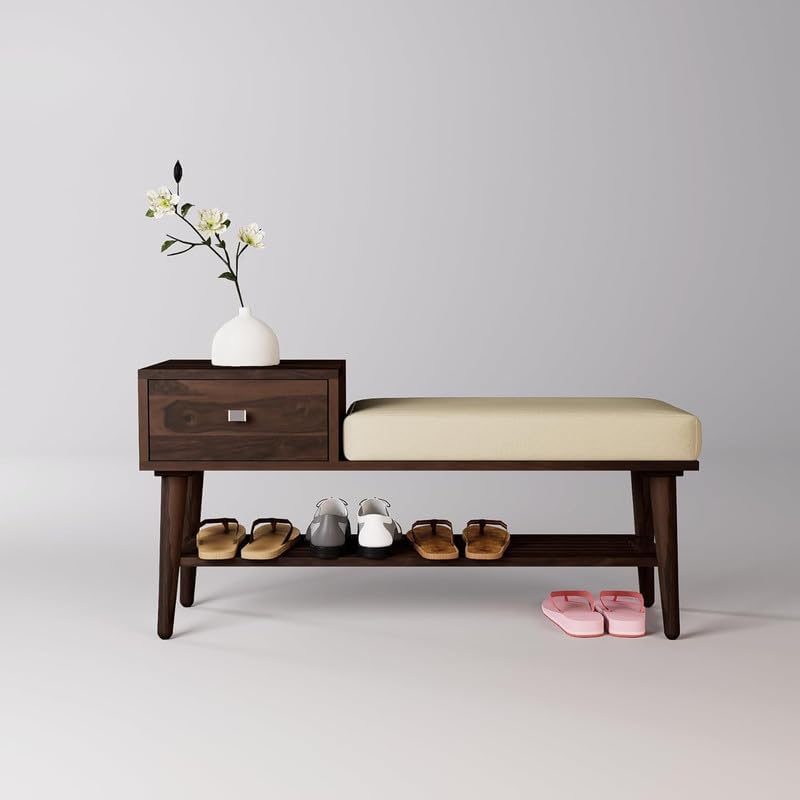 Image of VK Furniture Solid Sheesham Wood Shoe Rack with 1 Drawer Storage | Wooden Large Size Shoe Cabinet with Cushion Seating for Home, Living Room, Hotel, Enteryway (Walnut Finish)