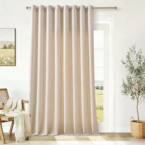 Image of 100 Inch Wide Beige Linen Curtains Room Divider 90 Inch Length | Extra Wide, Patio Sliding Door, for Living Room, Semi Sheer, Large Window Curtains, Grommet, Privacy, Farmhouse, 1 Panel