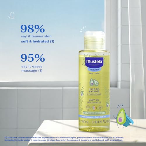 Image of Mustela Baby Massage Oil - 100ml | Nourishing & Relaxing Massage Oil for Delicate Baby Skin | Clinically Tested, Hypoallergenic & Paraben-Free | Gentle Care for Sensitive Skin
