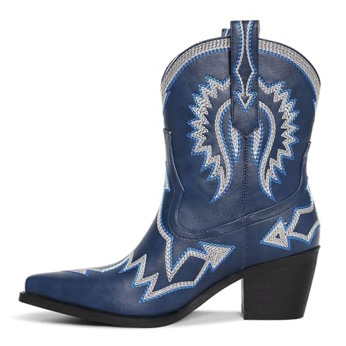 Image of HOCHFART Women's Western Ankle Cowboy Boots Chunky Pointed Toe Wide Calf | Metallic PU-Leather, Embroidered, Pull-On, Concert, Festival, Rodeos, Party, Daily Wear, All-Day Comfort