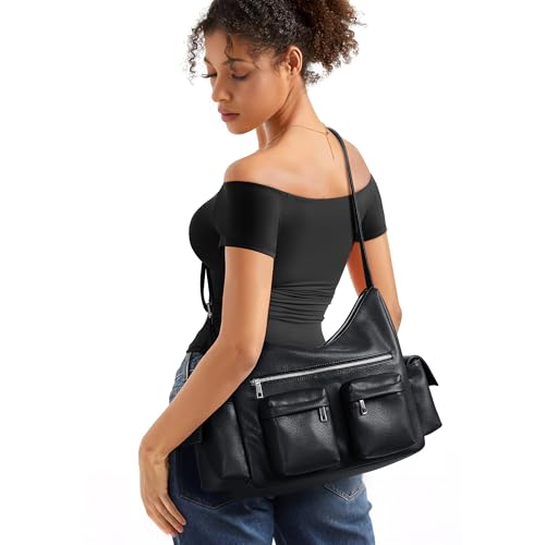 KALIDI Crescent Y2K Shoulder Bag Casual Vintage Punk Vegan Leather Purse Tote Zipper Pockets Hobo Crossbody Bag Work Travel4