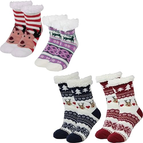 BenSorts Kids Thick Warm Slipper Socks 2 Pairs Purple Stripe Deer with 2 Pairs Christmas Red Blue Slipper Socks