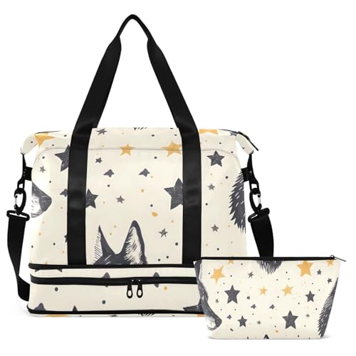 ALAZA Sports Duffel Bags with Toiletry Bag Set,Wolf and Colorful Stars Travel Duffel Bags Multi Pockets Weekend Bag