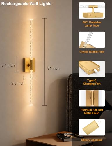 Image of Crystal Bubble Battery Operated Wall Sconces Set of 2: 10000mAh Gold Rechargeable Wall Light, 360 Rotate 4CCT Dimmable Modern Wireless Wall Lamp Decor for Hallway Bathroom Bedroom Living Room Mirror