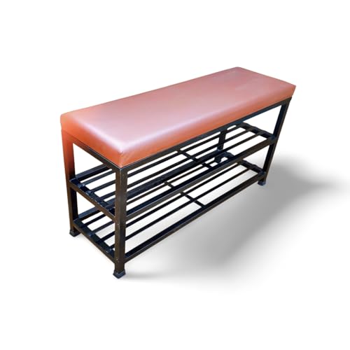 Image of Metal Shoe Rack Bench for Entryway | 2-Tier Shoe Organizer with Comfortable Cushion | Multipurpose Hallway Storage Furniture (Black, Heavy Duty Steel) (Black, Two-Tier Rack)