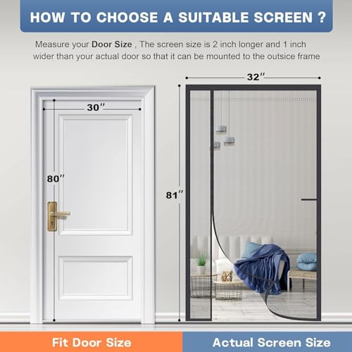 Left/Right Side Opening Magnetic Screen Door, Heavy Duty Fiberglass Mesh with Weighted Blocks, Windproof Fastener & Tie-Back Strap, Screen 32"x81" Fit Doors 30"x80" by PROJODO - Used condition - CA$28.69