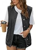 Dokotoo Womens Casual Jean Vest Crewneck Open Front Button Down Sleeveless Denim Jacket with Pockets Trendy Loose Fit Cotton Waistcoat Black Medium