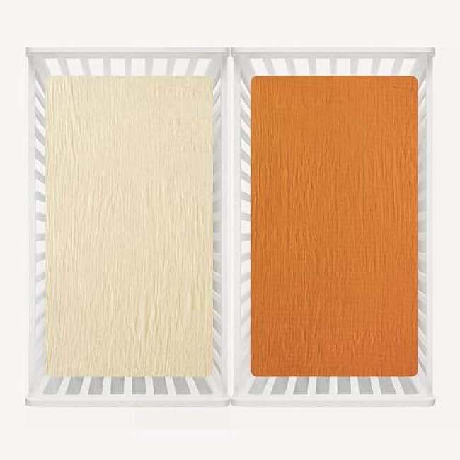 david's kids Muslin Crib Sheets for Boys Girls, 2 Pack 100% Cotton Soft Breathable Fitted Baby Sheet Set, 28x52 Inch Fits Standard Crib and Toddler Mattresses, Beige & Ginger