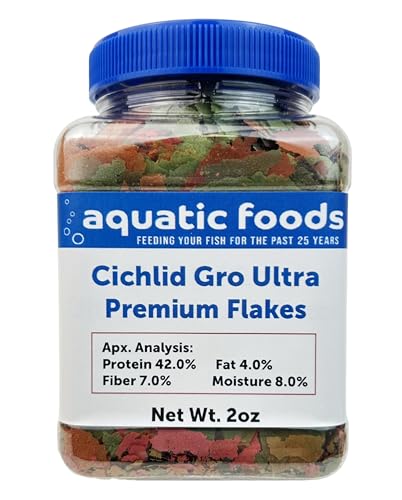 Aquatic Foods Inc. Premium Cichlid GRO Ultra 6-Type Flake Mix with Krill, Shrimp, Plankton, Spirulina for Central & South American Cichlids, Also Pellet & Wafer Mix Included, 2oz
