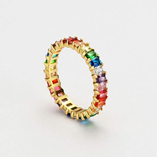 Michooyel Sterling Silver Eternity Rainbow Ring Band Ring for Women 18K Gold Plated Baguette Multicolor Cubic Zirconia Eternity Ring4