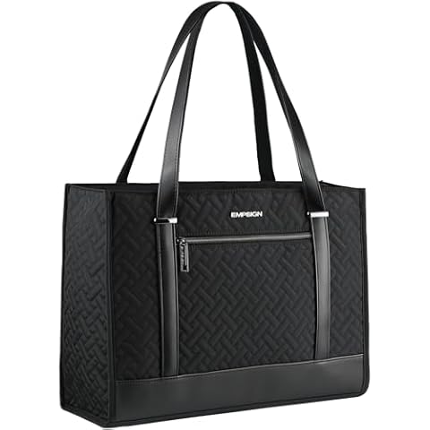 EMPSIGN Laptop Tote bag for women 16 Inch, Stylish Computer Shoulder Tote Bag for Work, Large Capacity Quilted Laptop Briefcase, Waterproof Women Business Office Bag, Quilted Black Cover