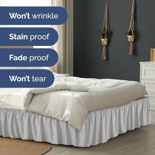 Image of Bed Skirt - Wrap Around Dust Ruffle Bed Frame Cover with Easy Fit Elastic Strap, King Size 18 Inch Drop, Microfiber Pleated, Machine Washable | Light Grey