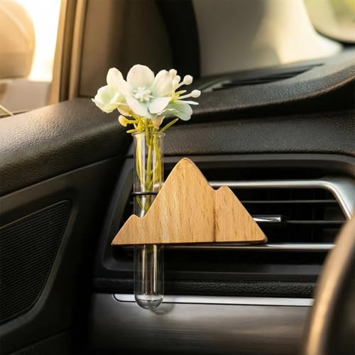 Image of Little Glass Flower Vase Air Vent Clip, Wooden Stand Car Aroma Diffuser, Car Air Vent Decor Plant Holder, Auto Interior Decorations (Beech Peak)