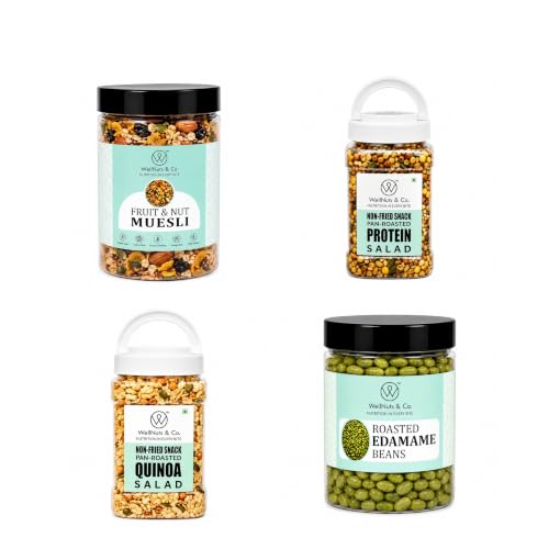 Image of WellNuts & Co. Healthy Snack Combo Pack of 4 |Fruit Nut Meusli - 200g, Protein Salad - 425g, Quinoa Salad - 325g, Roasted Edamame Beans - 200g| Roasted & Ready to Eat Snacks | High Protein & High Fiber Combo | Snacks for Healthy Everyday