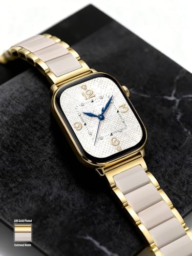 Image of V.R.HOPE Apple Watch Band for Women 38mm 40mm 41mm 42mm Fashion Gold Stainless Steel Metal Strap with Resin Inlay, Fashion Bracelet Compatible with iWatch Series 11 /10 /9 /8 /7 /6 /5 /4 /3 /2 /1 /SE (Oatmeal+Gold)