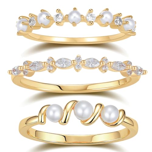 BLOSSOM & HUE Pearl & Cubic Zirconia Stacking Rings | Set of 3 | Mini Pearl Crystal Stacking Ring Bundle | Half Eternity Stackable Minimalist Delicate Dainty Bridal