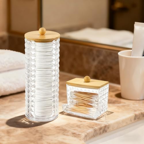 Hwtcjx 3 Stück Wattestäbchen Halter, Wattepad-Halter, Wattepads Aufbewahrung, Wattestäbchen Behälter mit Holzbezug, Wattepadspender, für Wohnzimmer, Schlafzimmer, Badezimmer 3