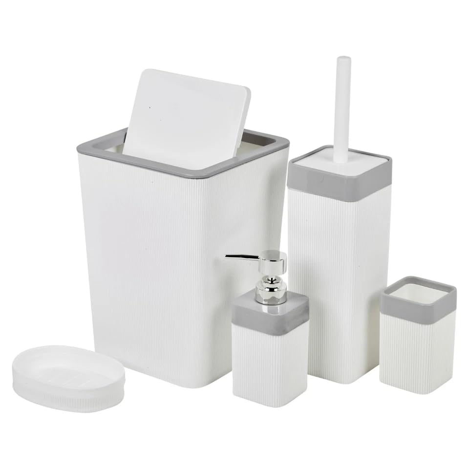 URBNLIVING 5pcs Luxury Plastic Bathroom Accessories Set Beige Grey Modern Bin Soap Dispenser Toothbrush Holder Soap Dispenser WC Brush (White)
