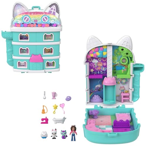 Schatulle von Polly Pocket x Gabby’s Dollhouse, Minipuppen und Spielset, 9 passende Zubehörteile, Tierfreunde Pandy Paws, Cakey, und Mercat, JFV02