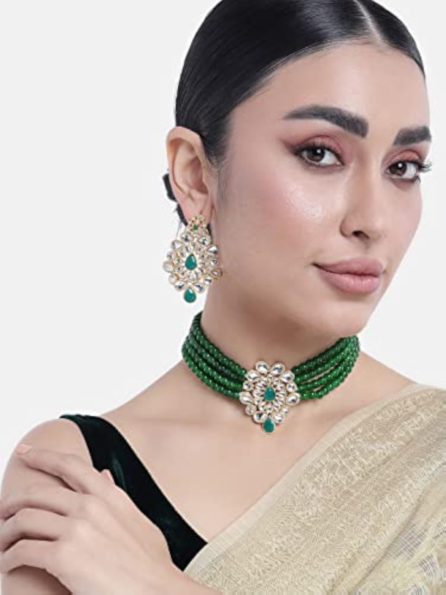 Plated Kundan Studded Choker Necklace & Dangle Earrings Set