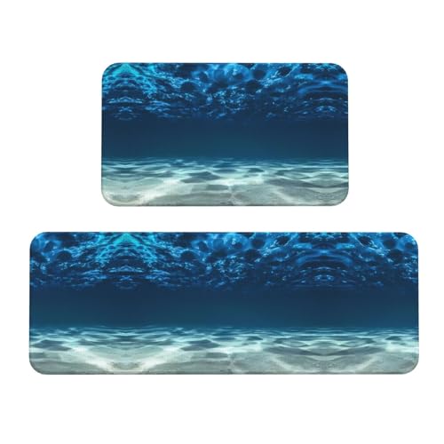 Juego de 2 alfombrillas de cocina antideslizantes con diseño de mar azul 2