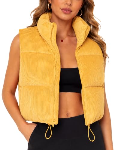 Image of FEOYA Womens Corduroy Gilets Puffer Vest Stand Collar Sleeveless Jackets S