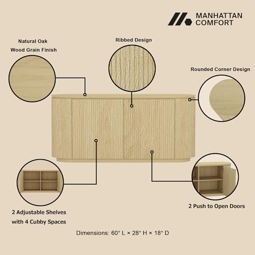 Manhattan Comfort Olivia 60" Modern Sideboard Buffet - Natural Oak Wood Grain, 4 Adjustable Shelves, 2 Push-to-Open Doors & 4 Cubbies, Dining/Living Room Storage Cabinet, 60L x 18D x 28H by Manhattan Comfort - Used condition - Image 4