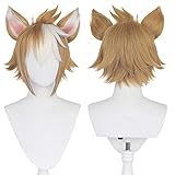 Amback Light Brown Cosplay Wig Orange Mixed White Gradient Wigs for Men Boys, Short Synthetic Cosplay Wig with Horns