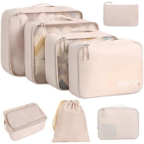 Amazon Brand - Eono 8 Teilige Kleidertaschen, Packing Cubes, Verpackungswürfel, Packtaschen Set für Urlaub und Reisen, Kofferorganizer Reise Würfel, Ordnungssystem für Koffer, Packwürfel - Beige Cover