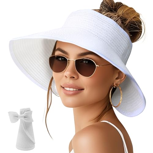 Image of NPQQUAN Sun Visor Hats for Women Wide Brim Ponytail Straw Beach Hat Packable Foldable UPF 50+ Floppy Travel Hats