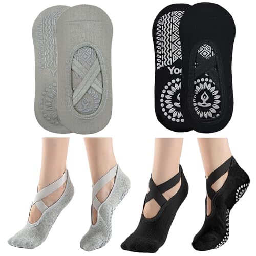 KEYRI 2 Paia Antiscivolo Pilates Calze per Donna Ragazza, Calzini Yoga Grip Calzino da Allenamento Impugnature e Cinghie Antiscivolo, Calze Traspiranti Taglia Unica Per Il Fitness