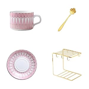 Tea Cup Set Coffee Tea Cup Sets Porcelain Tea Sets British Pink Cups with Saucer Cherry Spoon and Cups Rack (C 4 pcs) (C 4 pcs)