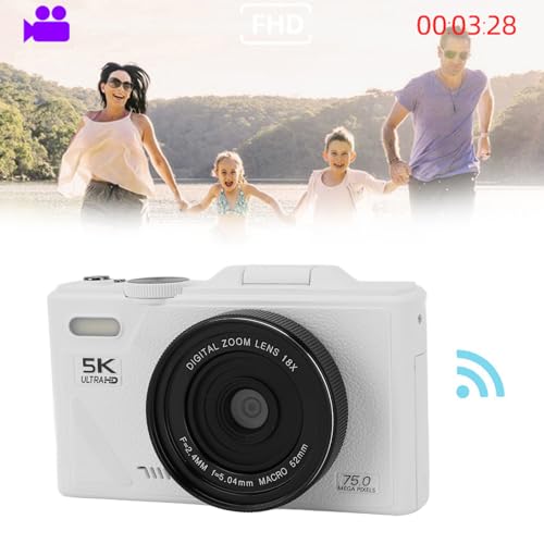 Fotocamera Digitale 5k, Fotocamera Vlogging da 75 MP, con Zoom 18x, Schermo di Lancio da 3 Pollici, Telecamera Compatta HD, per Fotografia di Viaggio (WHITE)