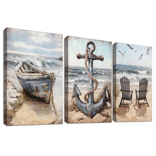 Set of 3 Spiaggia Costiera Stampa su tela Con Cornice Barca a Vela e Ancora Pittura Quadri su tela Vintage Oceano Spiaggia Quadri Moderni Camera da Letto Soggiorno Decorazioni Murale 30x40cm x3pcs