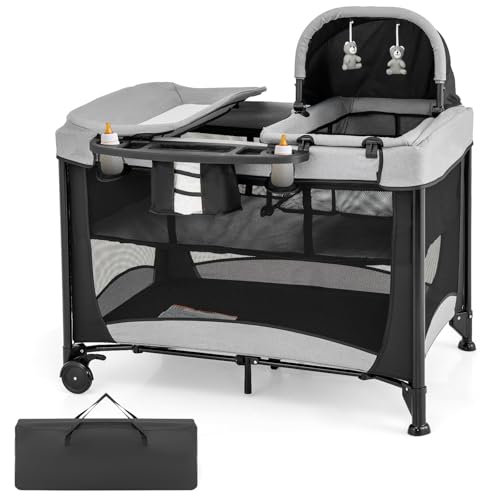 COSTWAY 5 en 1 Cuna de Viaje para Niños, Centro Infantil Portátil con Cuna,Cuna y Cambiador de Pañales, Juego para Bebés y Colchón Extraíble, Cesta de Almacenamiento, 2 Ruedas Bloqueables (Negro)