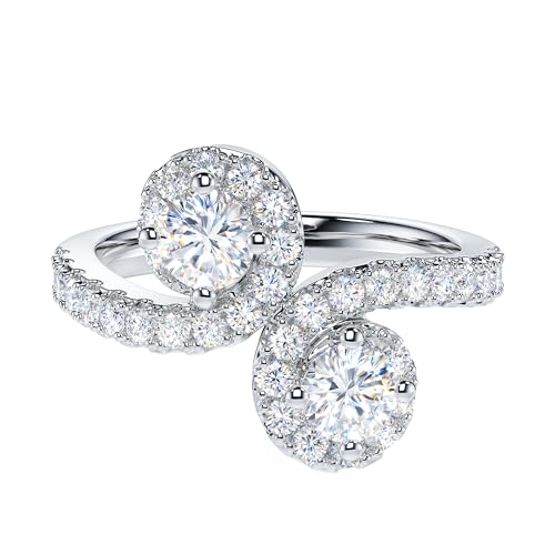 THELANDA Genuine Moissanite or Simulated Diamond Two Stones Split Filigree Vine Shank Halo Promise Engagement Ring For Women